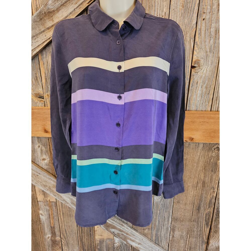 Equipment 100 % silk striped lightweight XS color block tunic button up top _